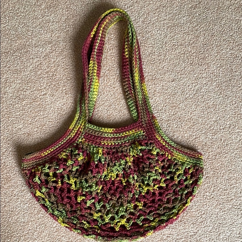 Red and Green Crescent Market Bag with Lacy Stitch Design